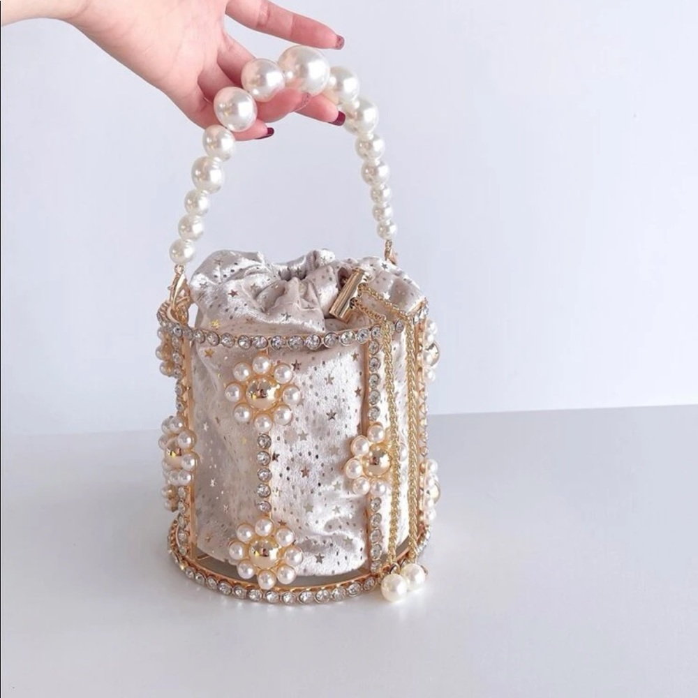 Faux pearl and rhinestone decor bag with embroiled pouch